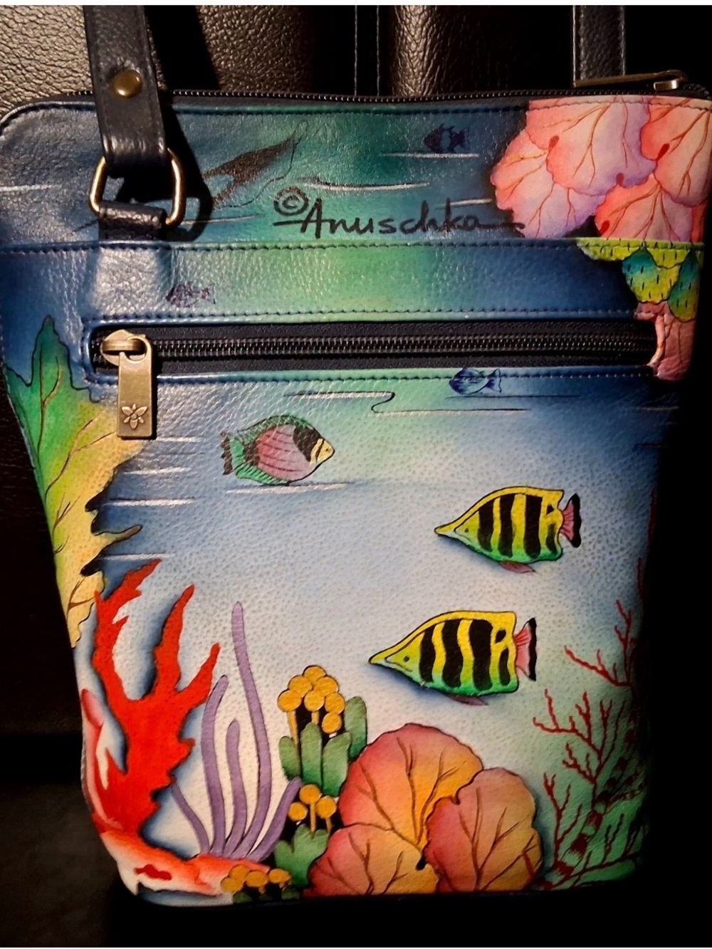 Anuschka Blue Multicolor Hand-Painted Crossbody Bag turtles fish coral reef